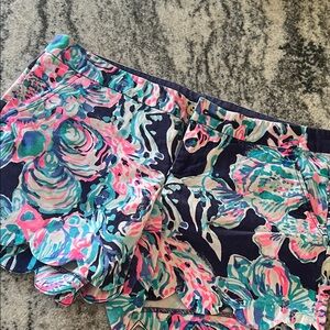 Lilly Pulitzer Navy Floral Scallop Hem Shorts with Pink & Aqua